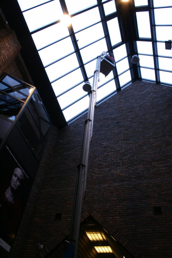 The Flying Reiver hoist being attached to the atrium roof